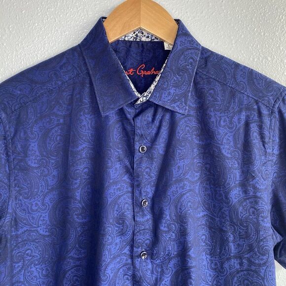 Robert Grahman Mens Large Navy Paisley Button Up Shirt Flip Cuff Short Sleeve - Picture 4 of 10